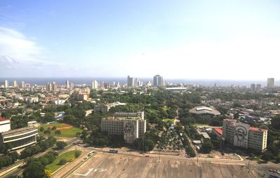 High angle view of buildings against clear sky