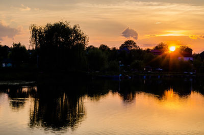 Scenic view of lake at sunset