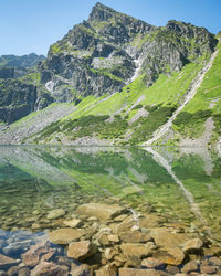 Prominent rocky mountain reflecting in crystal clear alpine lake, vertical shot, poland, eu