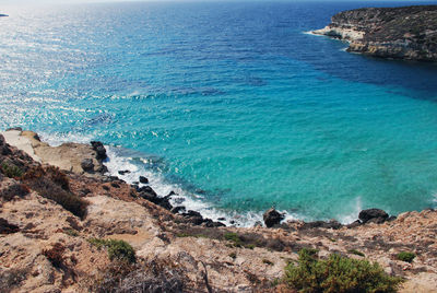 High angle view of rocks on beach