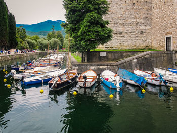 Boats moored in water
