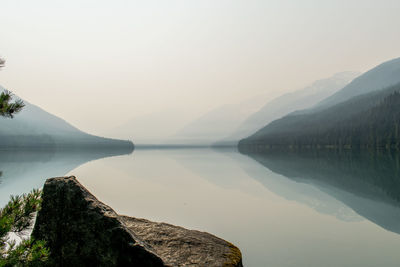 Scenic view of lake and mountains against clear sky