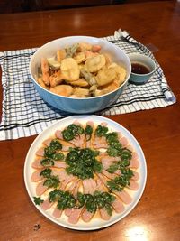 High angle view of meal served on table