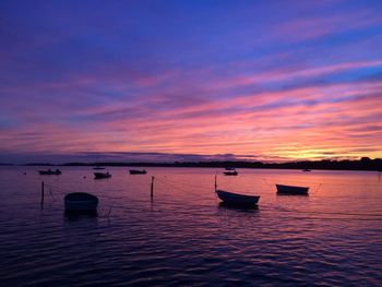Silhouette of small boats moored in a new england cove lying tranquil against a rose-quartz sunset. 