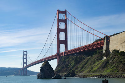 Low angle view of golden gate bridge over sea against sky