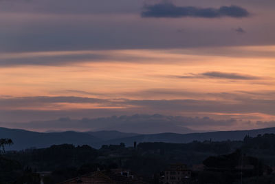 Silhouette houses against sky during sunset