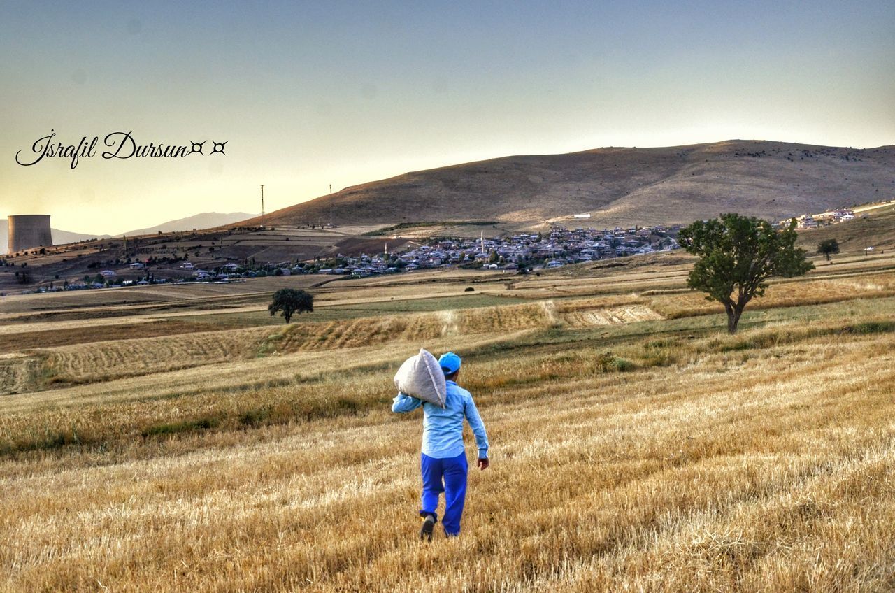 FULL LENGTH REAR VIEW OF MAN WALKING ON FIELD