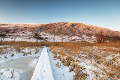 Snow covered mountain against clear sky