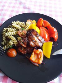 High angle view of food in plate on table