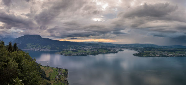 Scenic view of lake and mountains against sky