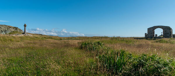 Scenic view of field against clear blue sky