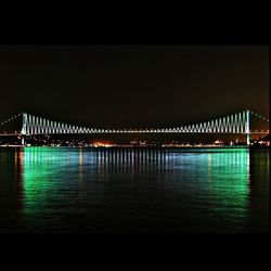 Reflection of illuminated building in water at night