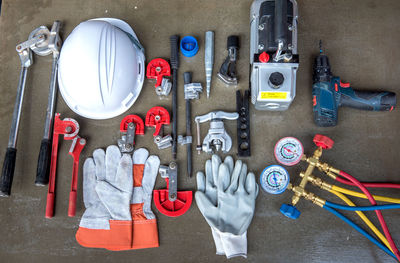 High angle view of work tools on table