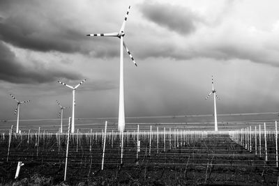 Windmills against sky