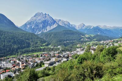 High angle view of town against mountains