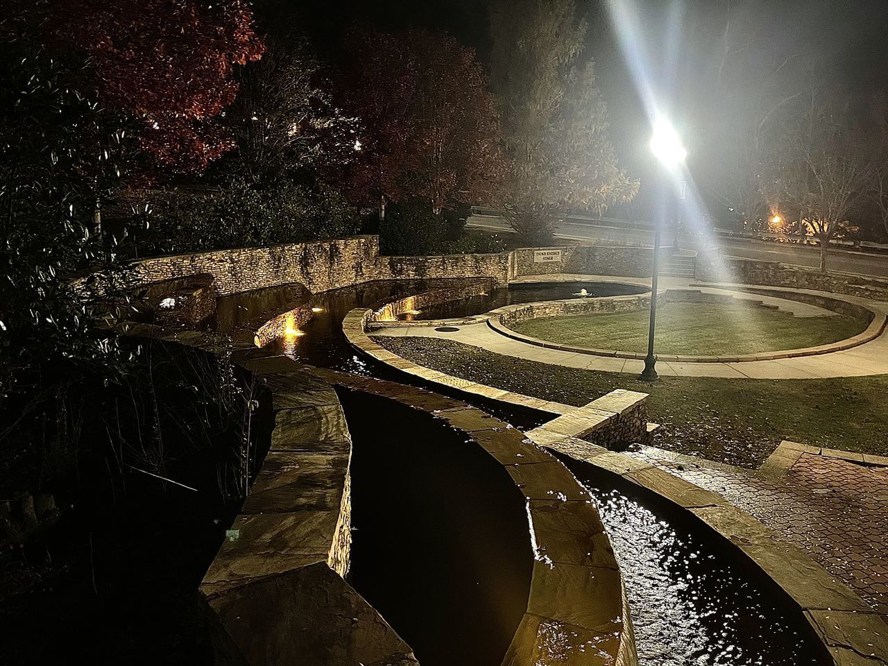 ILLUMINATED STREET AMIDST TREES AND BRIDGE AT NIGHT