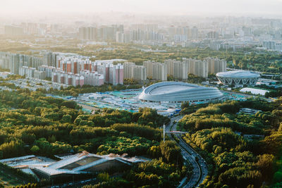 High angle view of city buildings