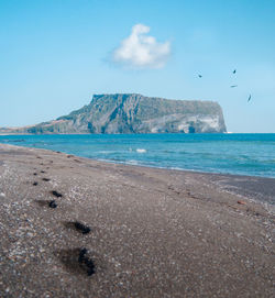Scenic view of sea against blue sky