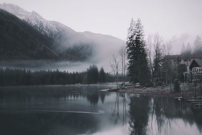 Scenic view of lake by trees against sky