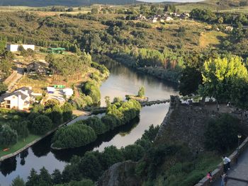 High angle view of river amidst trees in town