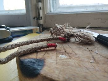 Close-up of rope on table