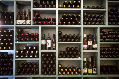 Full frame shot of bottles in shelf