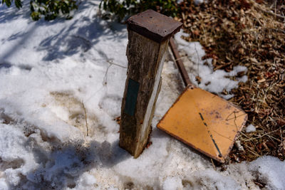 High angle view of snow on field