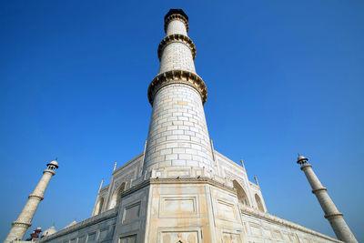Low angle view of taj mahal against clear blue sky