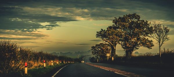 Panoramic shot of road by trees against sky during sunset