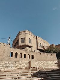 Low angle view of building against clear blue sky