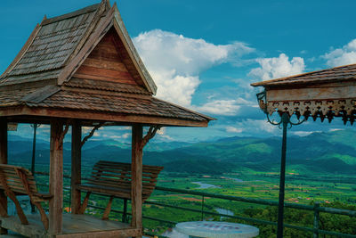 Panoramic view of building and mountains against sky