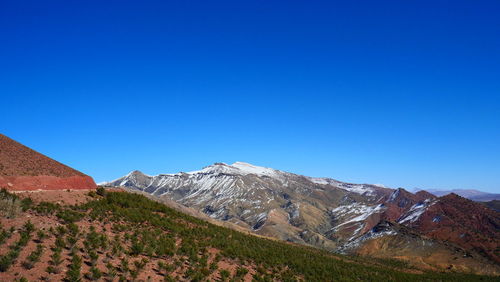 Scenic view of mountains against clear blue sky