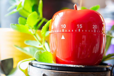 Close-up of red juice in glass on table