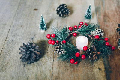 High angle view of christmas decorations on table