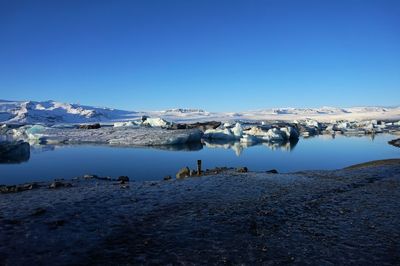 Scenic view of frozen lake against clear blue sky