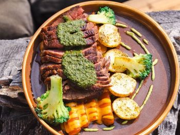 High angle view of food in bowl on table