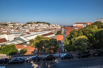 Buildings in city against clear blue sky