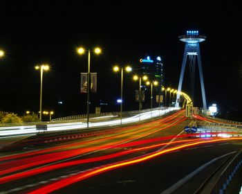 Light trails on road at night