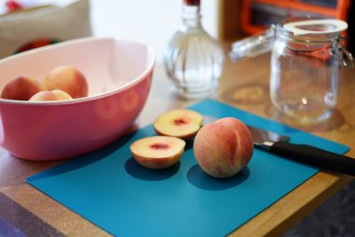 High angle view of fruits in bowl on table