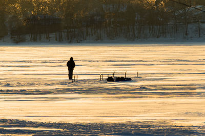 Silhouette man standing on boat against sky during sunset