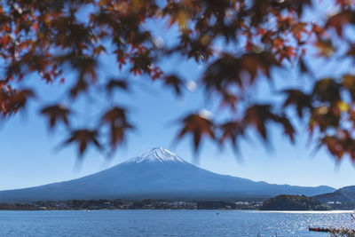 Scenic view of lake and mountains against sky during winter