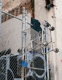Close-up of clothes hanging on metal fence against building.