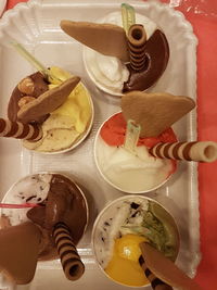 High angle view of dessert on table