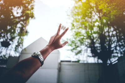 Close-up of hand against tree