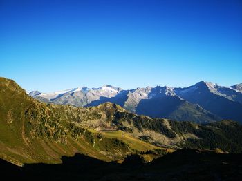 Scenic view of mountains against clear blue sky