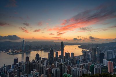 Aerial view of city during sunset