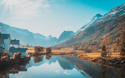 Scenic view of lake and mountains against sky