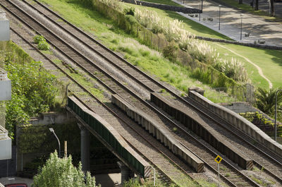 High angle view of railroad tracks by bridge