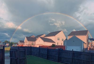 Rainbow over buildings in city against sky