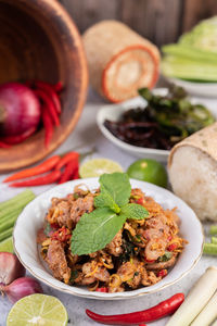 High angle view of food in plate on table